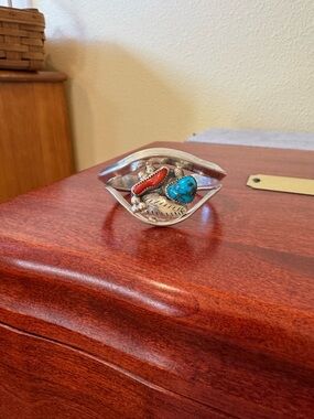 Native American David F Garcia Sterling Silver Turquoise and Coral Cuff Bracelet